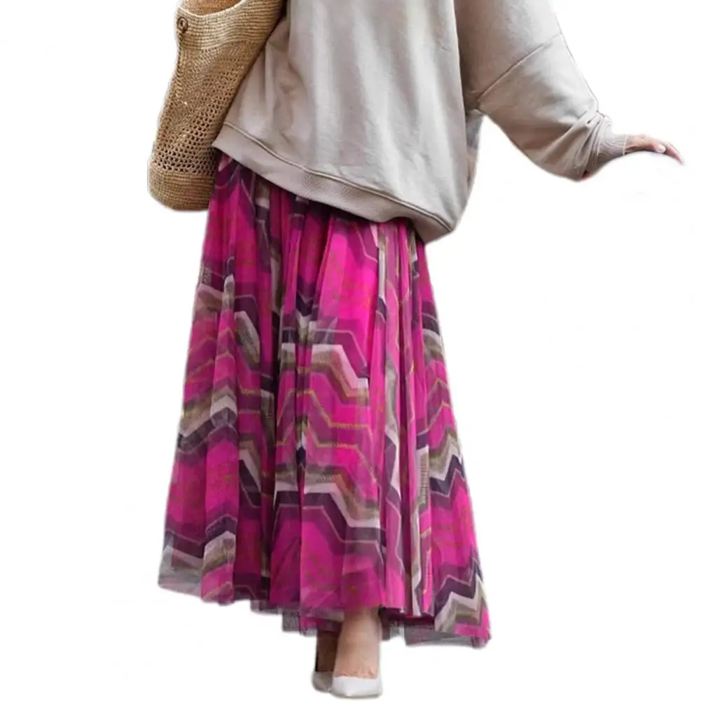 Women Skirt Elegant Wave Printed with Elastic Waist Multi-layered Hem Long Skirt for Wave Printed