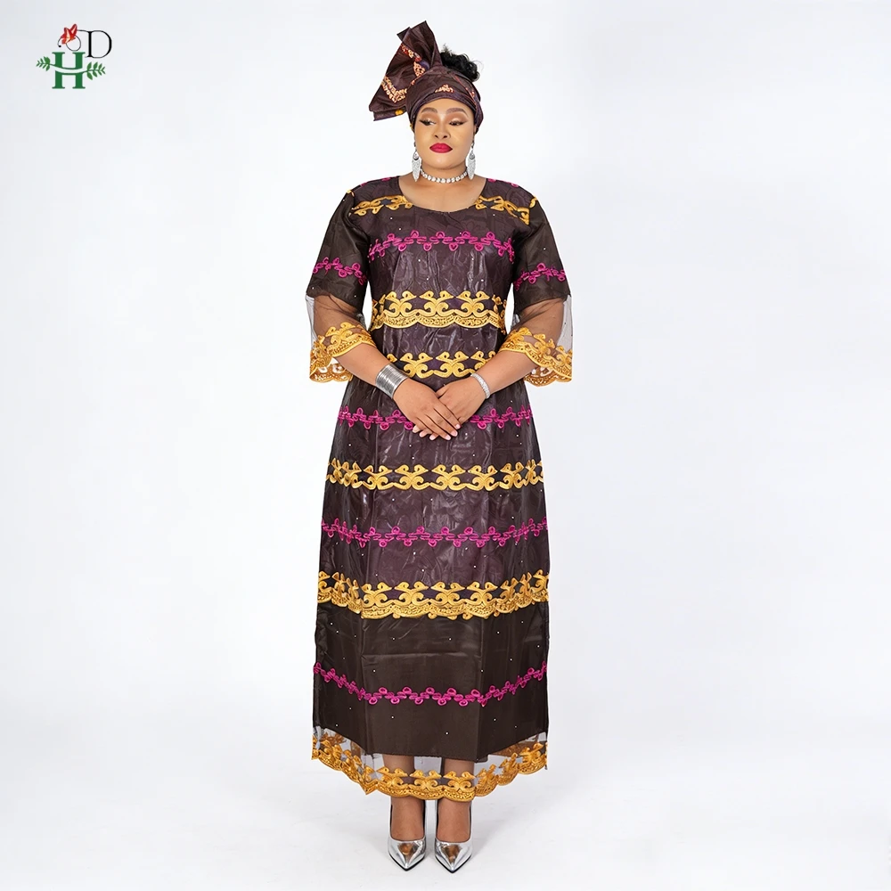 Vestidos africanos H&D para mujer, vestido bordado Bazin Riche, vestido con encaje y patchwork, con turbante, vestido de dama para boda, Ramadán
