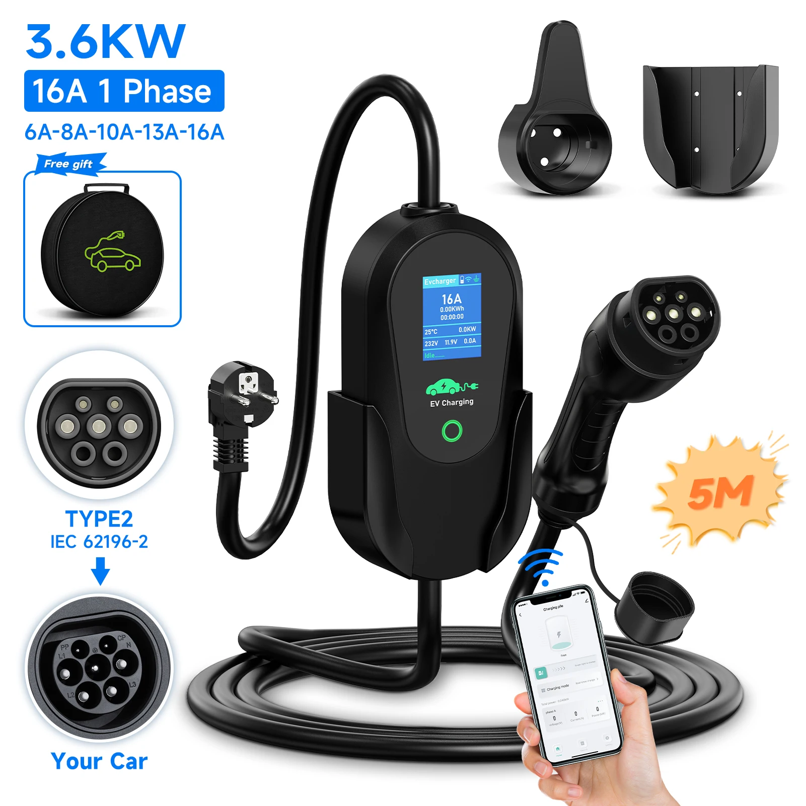 AFYEEV 3,6 kW draagbaar type 2 IEC62196-2 EV-oplader 7,2 kW elektrische autolader WiFi Bluetooth APP afstandsbediening verzending vanuit EU