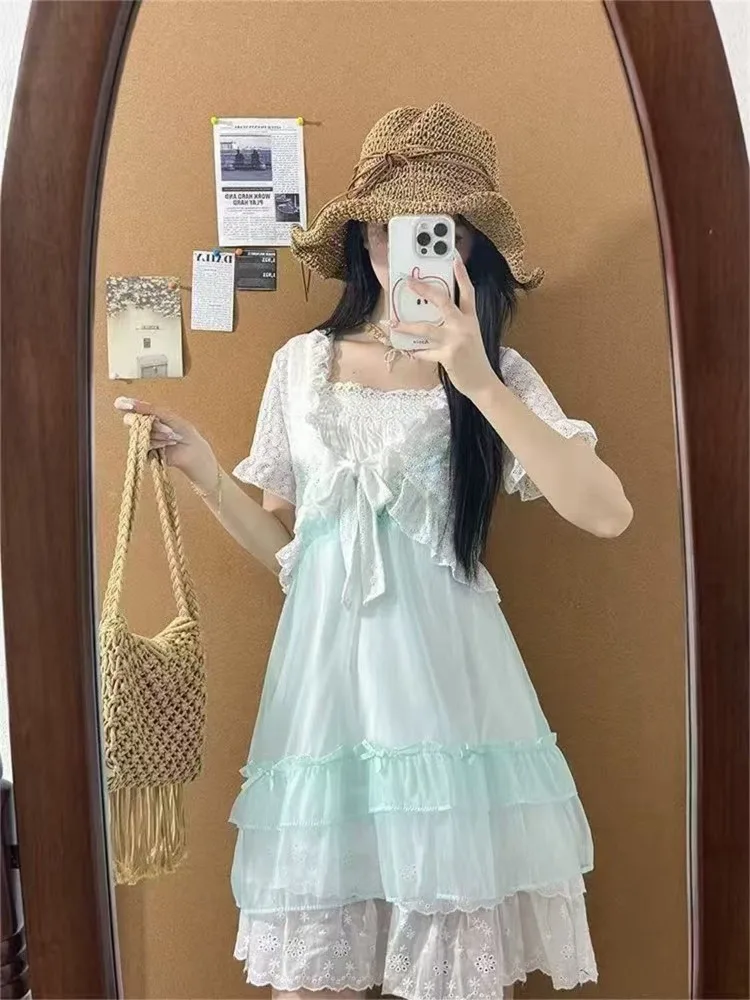 Japanese Kawaii Sweet Cute 2 Piece Set Women Short Lace Tops + Polka Dot Dress New Fit Chic Pink Fluffy Retro Suit Summer 2025 view 4
