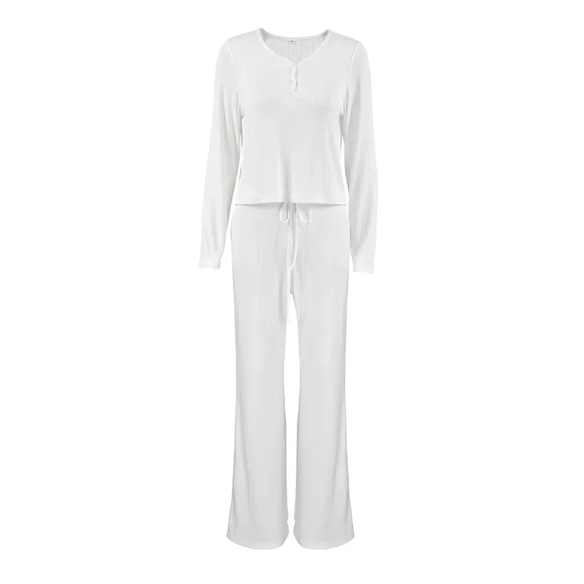 2024 Autumn White Knitted Hollow Jacquard Pajamas Two-piece Set Casual and Comfortable Women's Home Clothes
