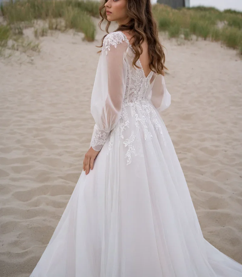 Vestido De novia bohemio con mangas abullonadas, traje elegante De encaje con abertura alta, Espalda descubierta, cuello en V