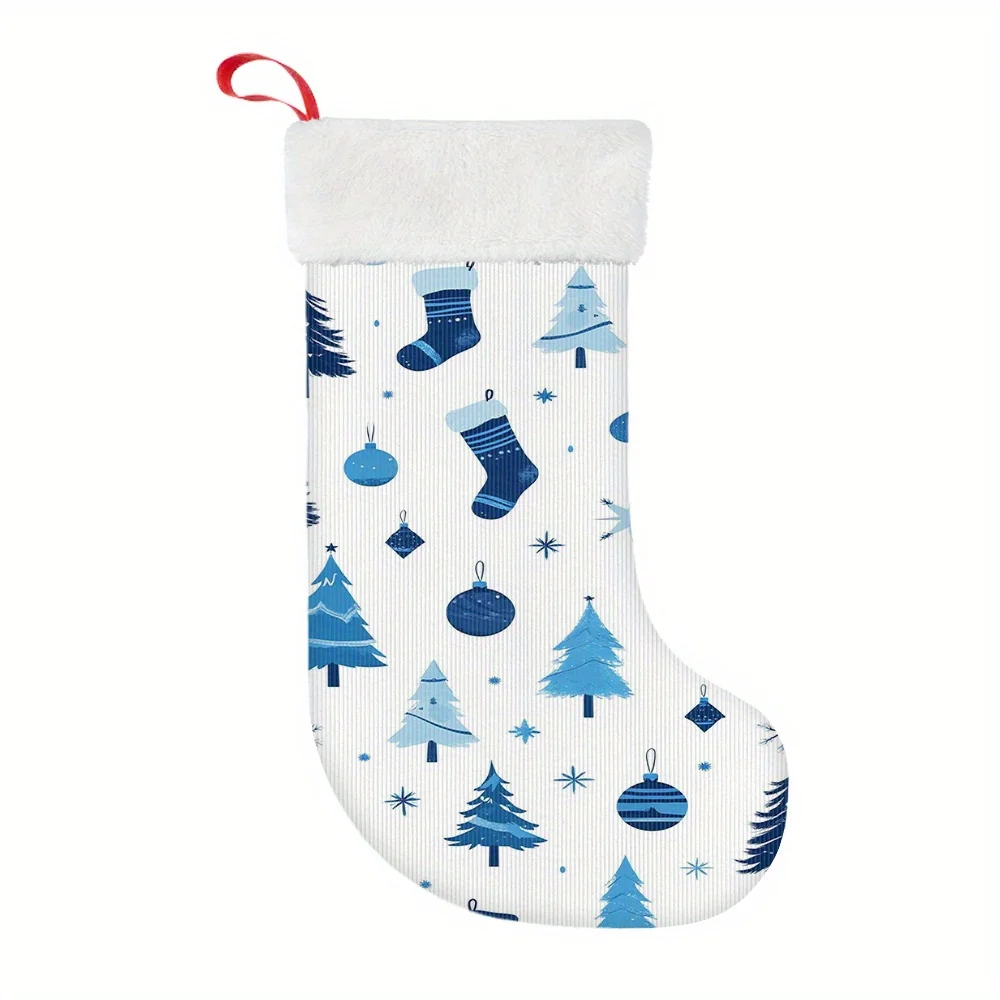 Medias navideñas de color azul y blanco, decoración navideña con copos de nieve, pino, medias de poliéster duraderas para chimenea, repisa