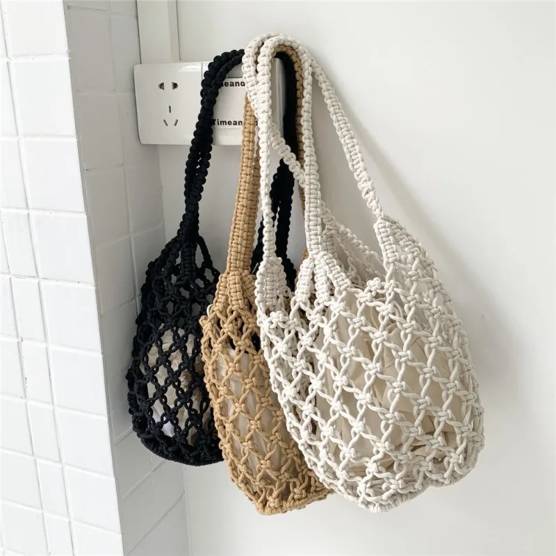 

New seaside beach handbag with inner pocket, hollow mesh shoulder bag, cotton crochet fishing net bags