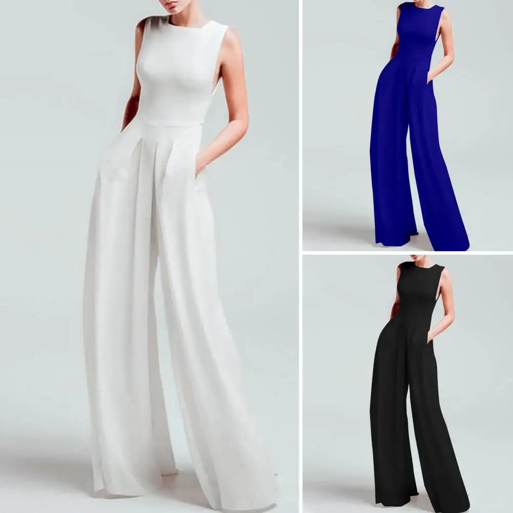 

Women Elastic Jumpsuit Elegant Wide Leg Jumpsuit with High Waist Pockets for Women Formal Ol Commute Style Summer Outfit Commute