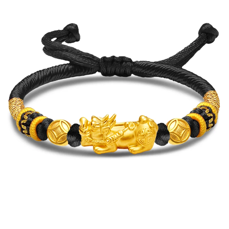 1pcs Pure 999 Real 24K Yellow Gold Bracelet Women Men Lucky Pixiu Dragon Son Blessing Money Bag Coin Red String 16cmL