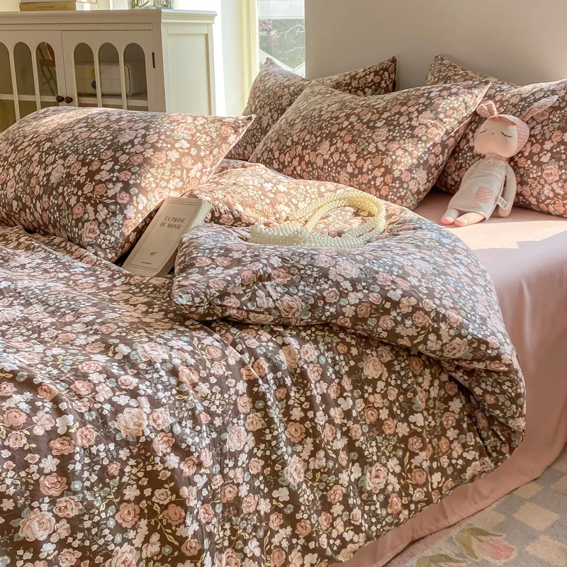 Korean Style Floral Bedding Sets 2025 New Washed Cotton Duvet Cover Set Cute Bed linen Girls Bedding Sheet Sets With Pillowcases