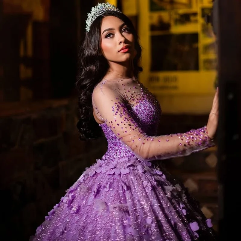 

Блестящее фиолетовое платье Quinceanera с открытыми плечами по индивидуальному заказу, тюлевое платье с 3D цветочной аппликацией, платья de 15, Quinceanera