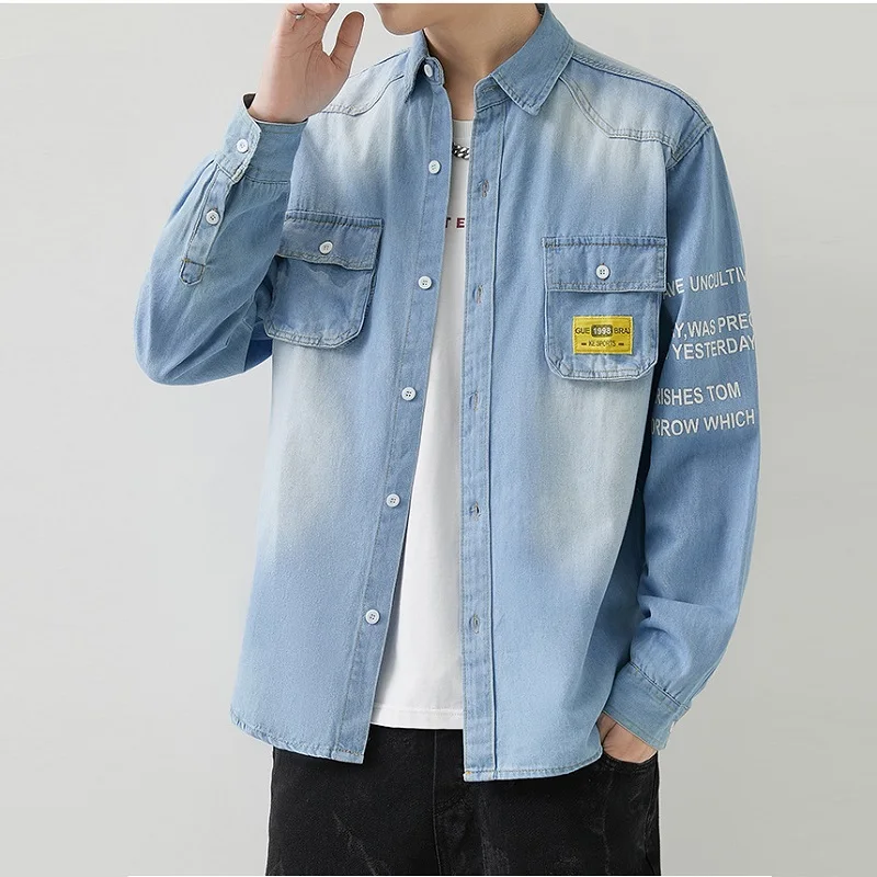 

Japanese Vintage Denim Shirt Men 2023 Spring and Autumn Pure Cotton Casual and Versatile Washed and Worn Shirt Jacket