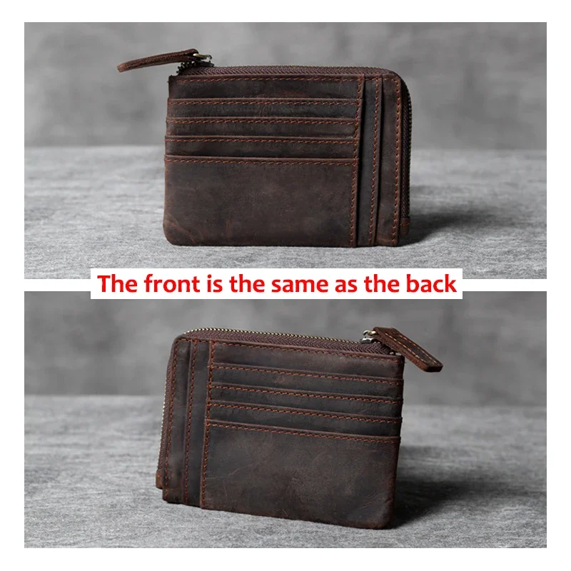 Handmade Vintage Crazy Horse Leather Mens Designer Wallet Slim Zipper Coin Bag ID VIP Credit Card Holder Small Simple Pouches