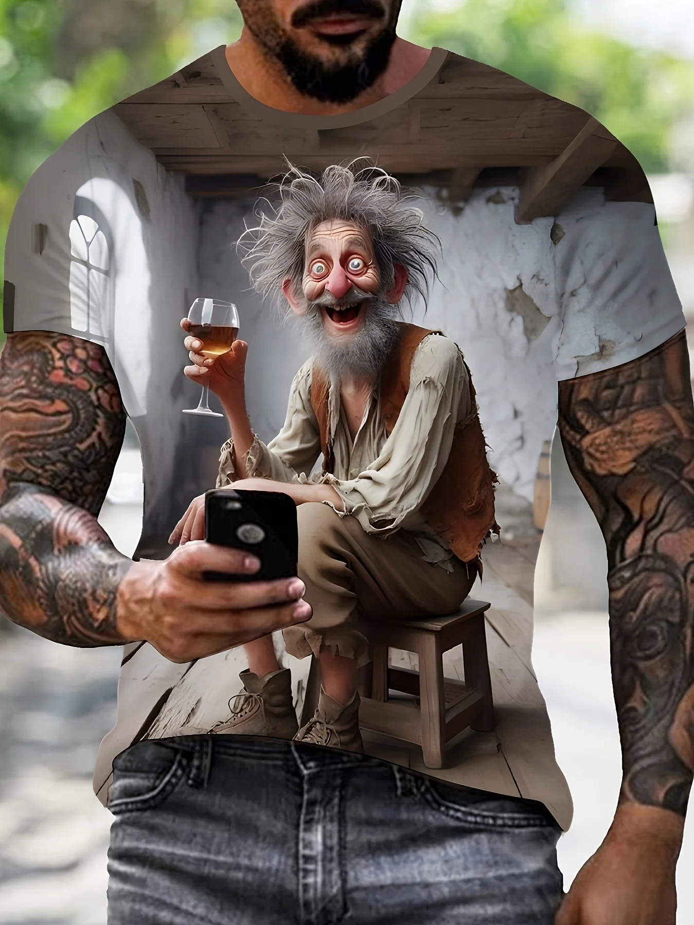 Men'S 3D T-Shirt, A Scribbled Old Man Holding A Wine Graphic Short Sleeve Top, Drinking Beer While Relaxing Graphic Pullover