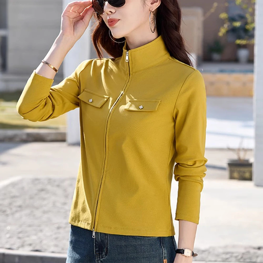 Korean version long sleeved T-shirt women's spring new cardigan jacket fashionable slim fit stand up collar double zipper top