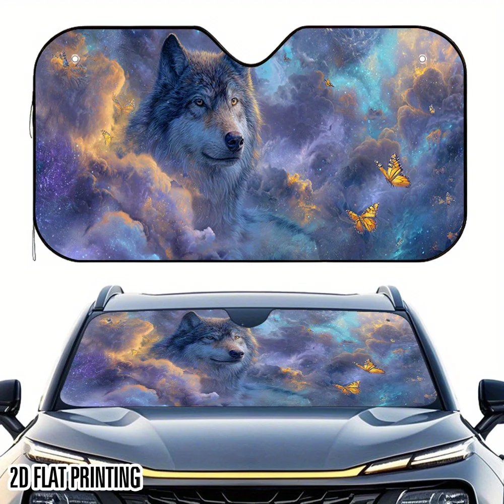 1pc 2D Flat Cosmic Wolf And Butterflies Design Car Sunshade – Foldable & Stylish, Keeps Your Vehicle Cool, Space-Saving Storage