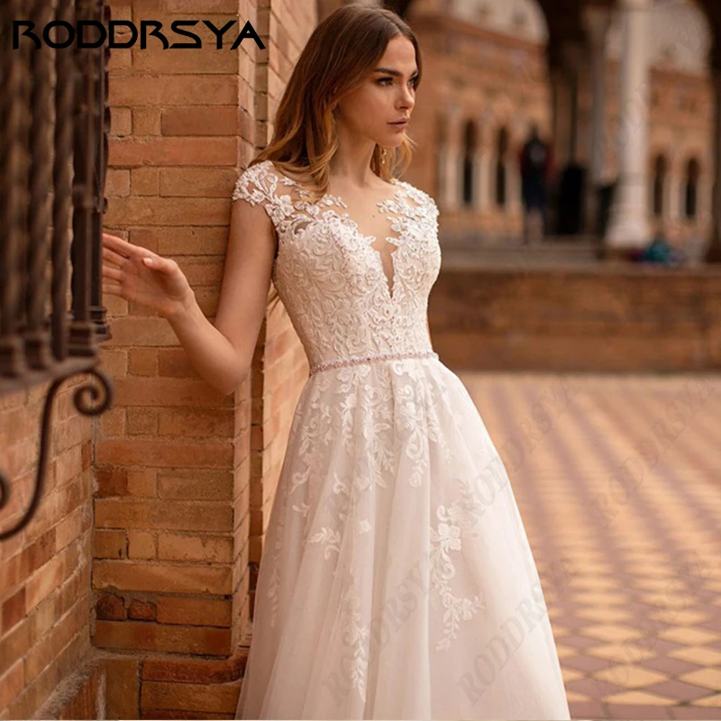 RODDRSYA-vestido De novia elegante con apliques De encaje para mujer, tul, Mangas De casquillo, línea A, ilusión, botón trasero, Vestidos De novia, Novvestido De novia elegante con apliques De encaje para mujer, tul, M