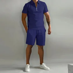 Conjunto esportivo de 2 peças masculino com zíper, camisa polo casual de manga curta com lapela, shorts de rua monocromático, verão