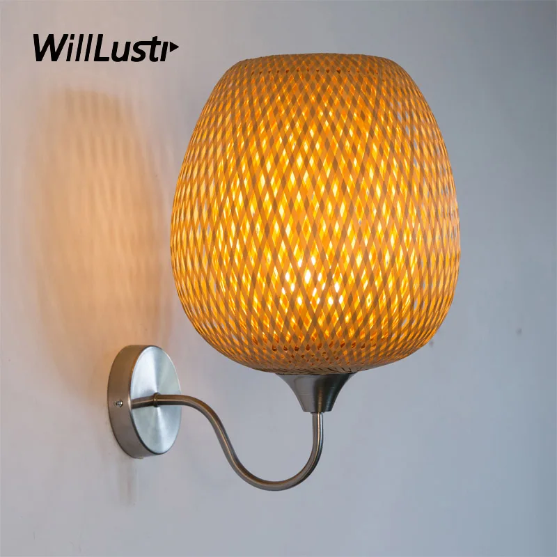 Chinese Style Bamboo Wall Lamp Hand Knitted Pastoral Sconce Doorway Foyer Porch Loft Hotel Bedside Bedroom Country Wood Lighting