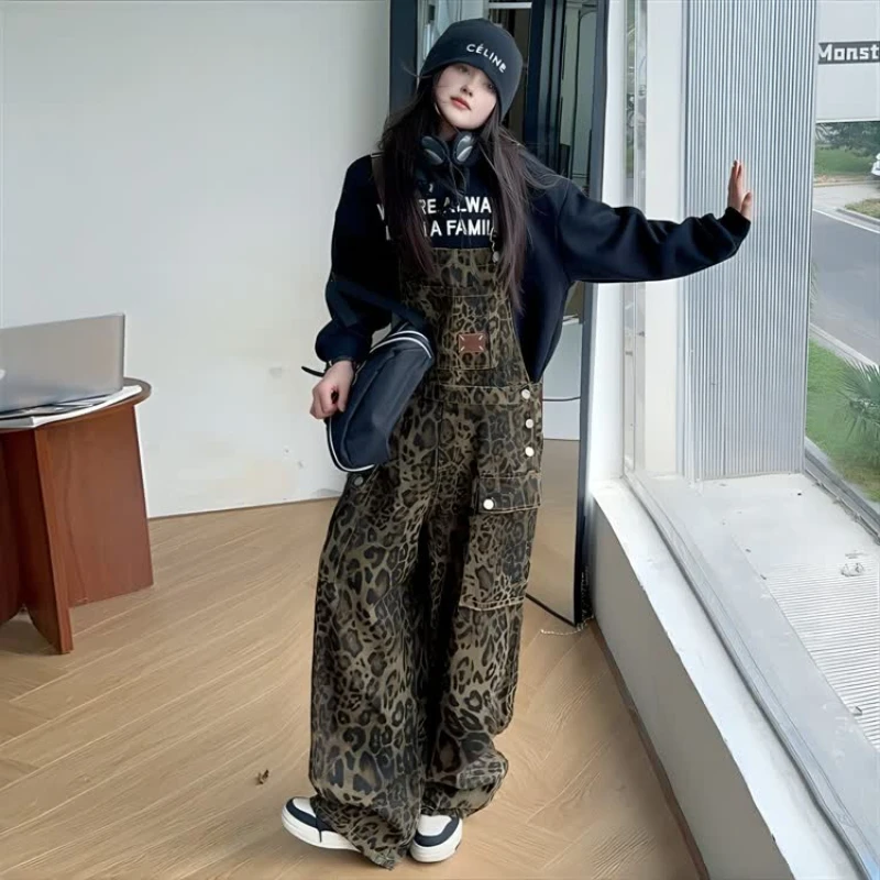 

Teen Kids Leopard Print Overalls Fashion Loose Casual Jumpsuit for Girls Spring Autumn Striaght Wide Leg Cargo Pants 10 12 Years