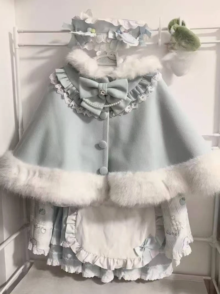 

Сладкие кавайные накидки в стиле Лолиты, пальто, женские теплые пончо с бантом и оборками, японская винтажная верхняя одежда, осень-зима