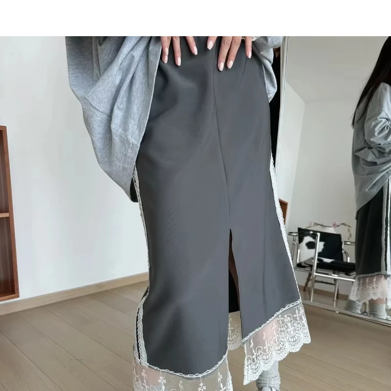 

Korean Fashion Lace Spliced Skirt Women 2025 Spring Summer High Waist Straight Split Design Long Skirts Sweet Y2k Skort