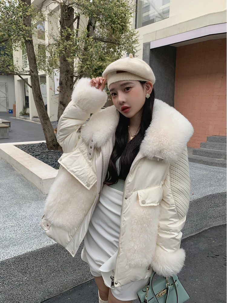 2023 Women Winter Natural Sheepskin Fur Collar Goose Down Jacket Sweet Style Luxury Female Coats Streetwear Puffer Jacket