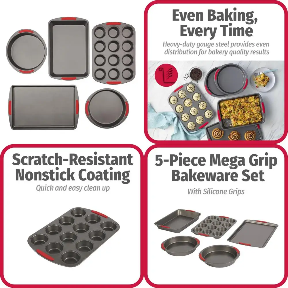 

5-piece mega grip nonstick bakeware set – cookie sheet pan, 2 9” round cake pans, 13” x 9” bake & roast pan, 12-cup muffin pan