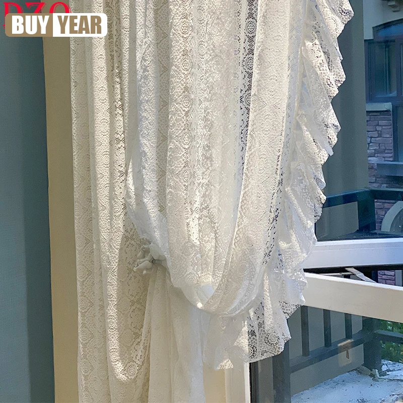

Idyllic White Flowers Lace Window Tulle Curtain Living Room Warp Ruffled Rural Gauze Door Curtain For Kitchen Bedroom A245
