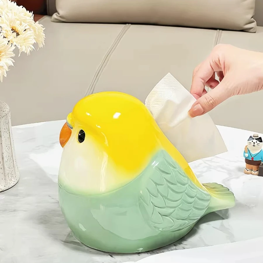 Cartoon Parrot Ceramic Tissue Box Cute Bird Shaped Tissue Holder with Large Opening Decorative Tissue Dispenser for Home Decor