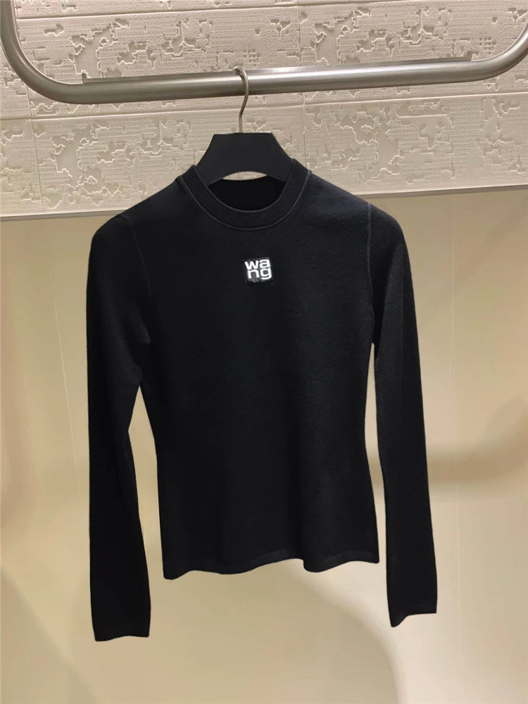 

xanderbird Early Spring 2025 Women's round Ne Long Sve Knitted irt Letter Pattern Base Top Slim Fit Nylon Fabric