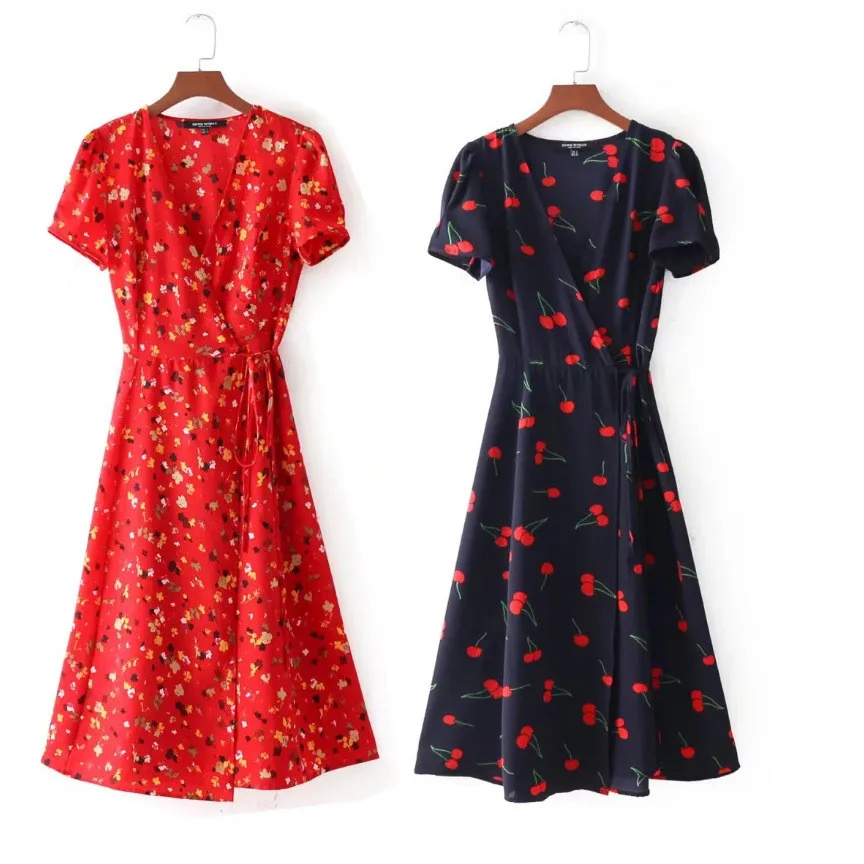 فستان ملفوف بطباعة جذابة، فتحة عنق على شكل حرف V، تصميم نحيف، فستان نسائي مطلوب بشدة، خصر مرتفع، تنورة غير منتظمة، أكمام قصير...