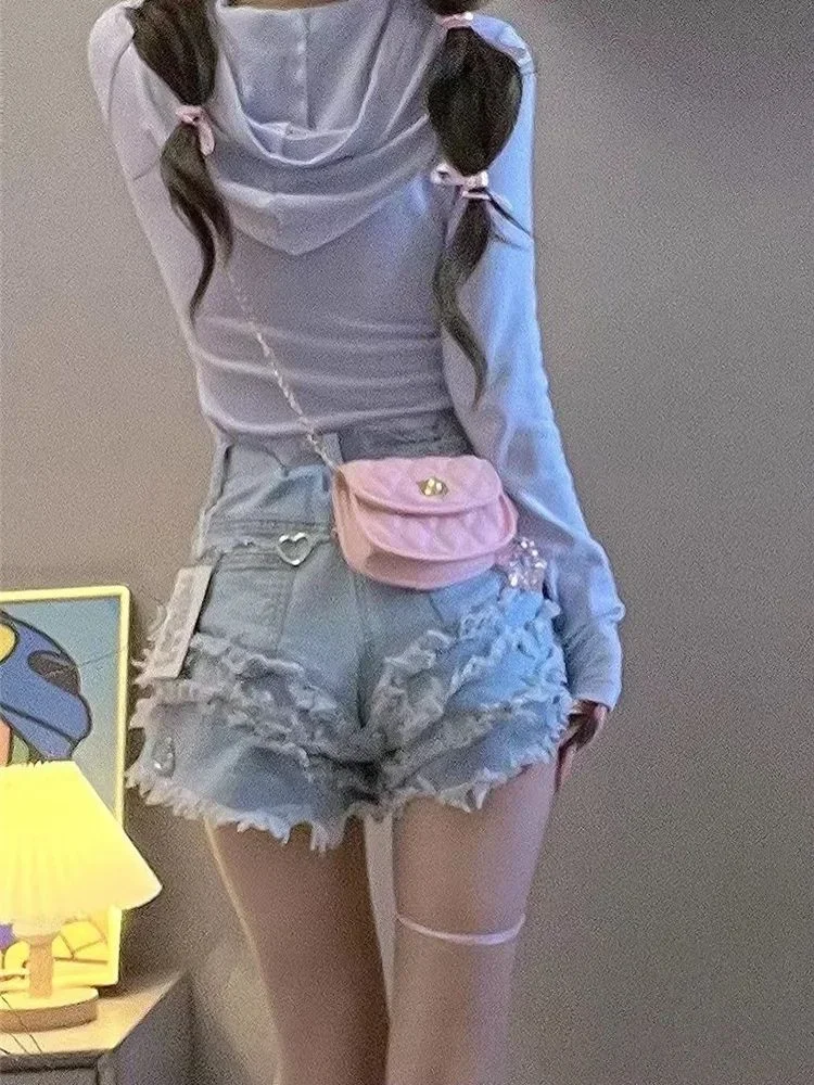 ADAgirl Blue Women\'s Denim Short Kawaii Summer Y2k Short Pants High Waist Hotsweet Shorts for Girls Japan Cutecore Clothing New