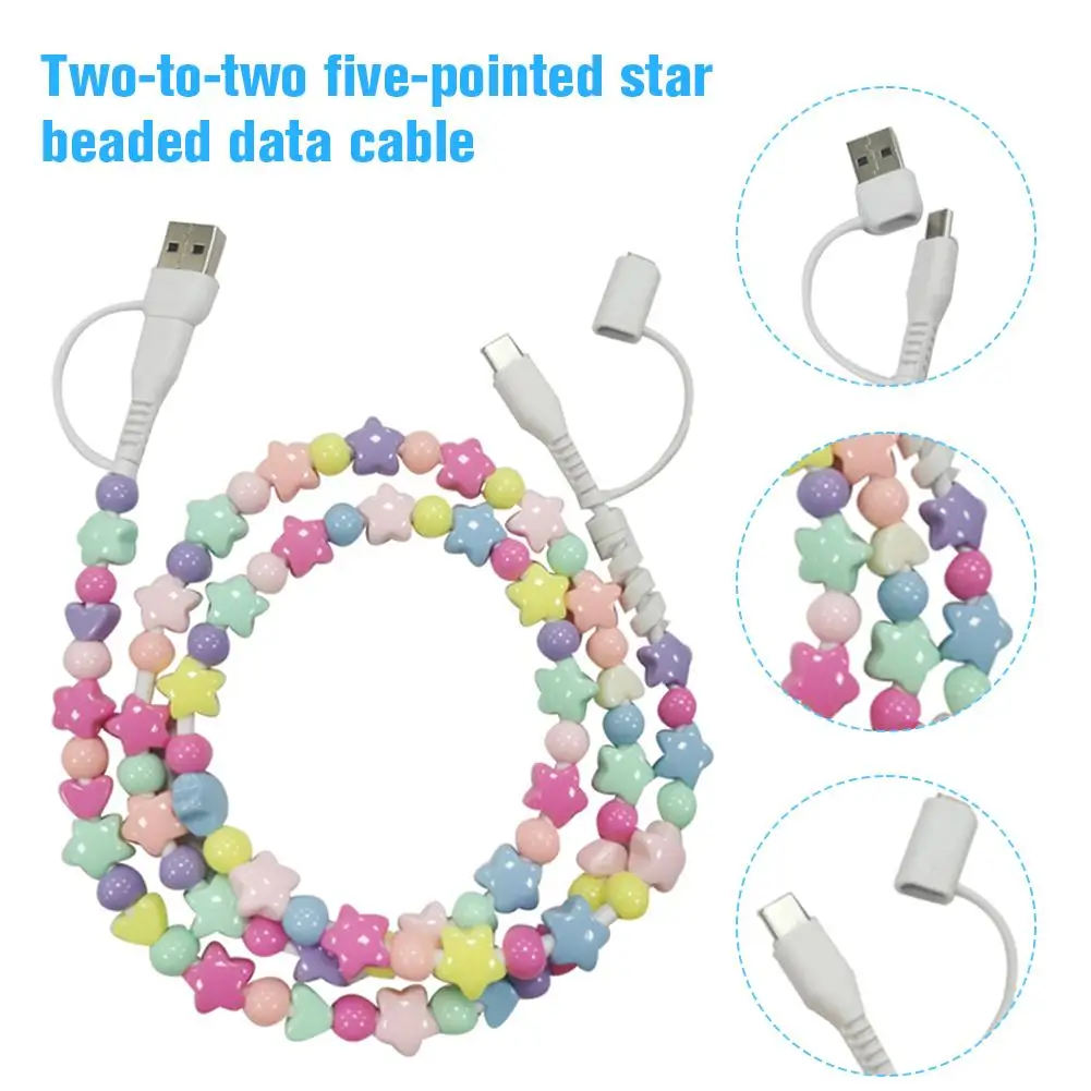 Niedliches Stern-Herz-Perlen-Ladekabel, USB C auf Lightning 4-in-1-Kabel für iPhone für Android, Dual Ends Schnellladekabel