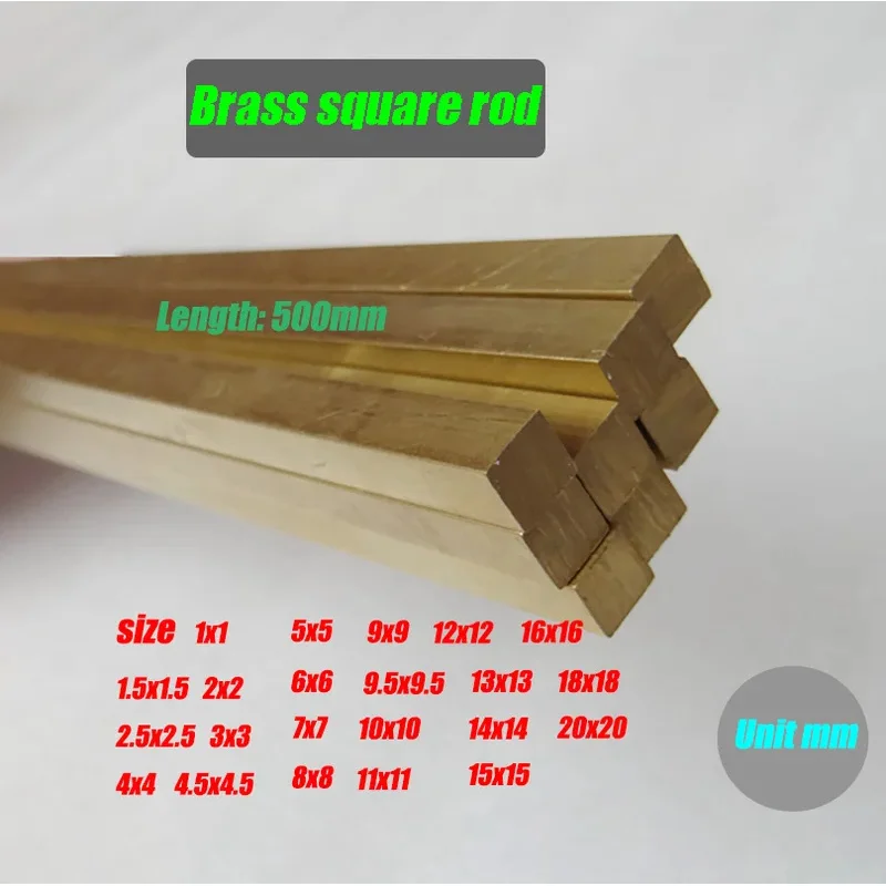 

Solid Brass Square Rod 500mm Length Industrial Brass Bar Side Size 1mm to 20mm
