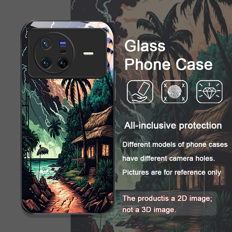 Funda de teléfono de vidrio templado con paisaje costero de árbol de coco costero para OPPO Reno 13 F 12 11 10 ProPlus Find X8 X3 PRO Lite A58