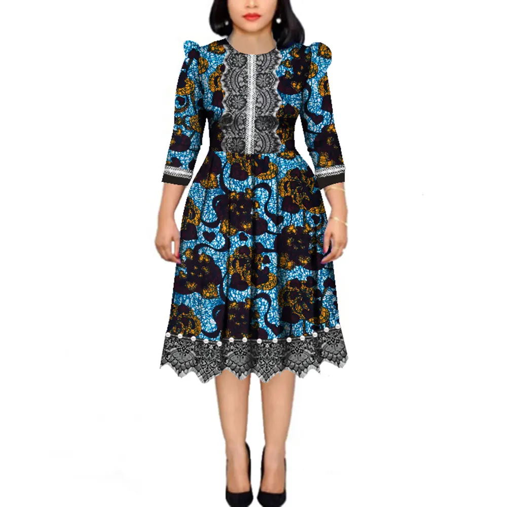 

Women's Long Sleeve Ankara Cotton African Print Dress Lace Patchwork Prom Wedding Costume Pearls Dresses for Women WY4339
