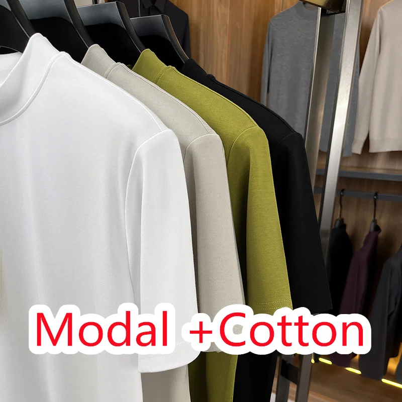 

Modal Men Tops 2025 Autumn Winter Trendy Mock Meck Slim Fit Modal Tees Short Sleeve Clothes Male Breathable Cotton t-shirt