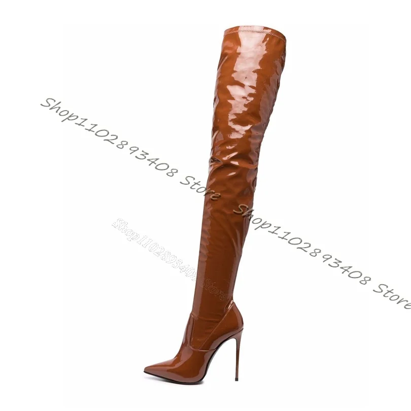 Brown Over Knee Elastic Boots Stiletto High Heels Patent Leather Pointed Toe Shoes Spring Sexy Women Shoes Zapatos Para Mujere