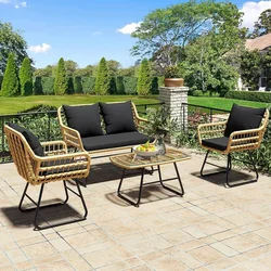 4-Piece Patio Furniture Wicker Outdoor Bistro Set, All-Weather Rattan Conversation Loveseat Chairs for Backyard, Balcon