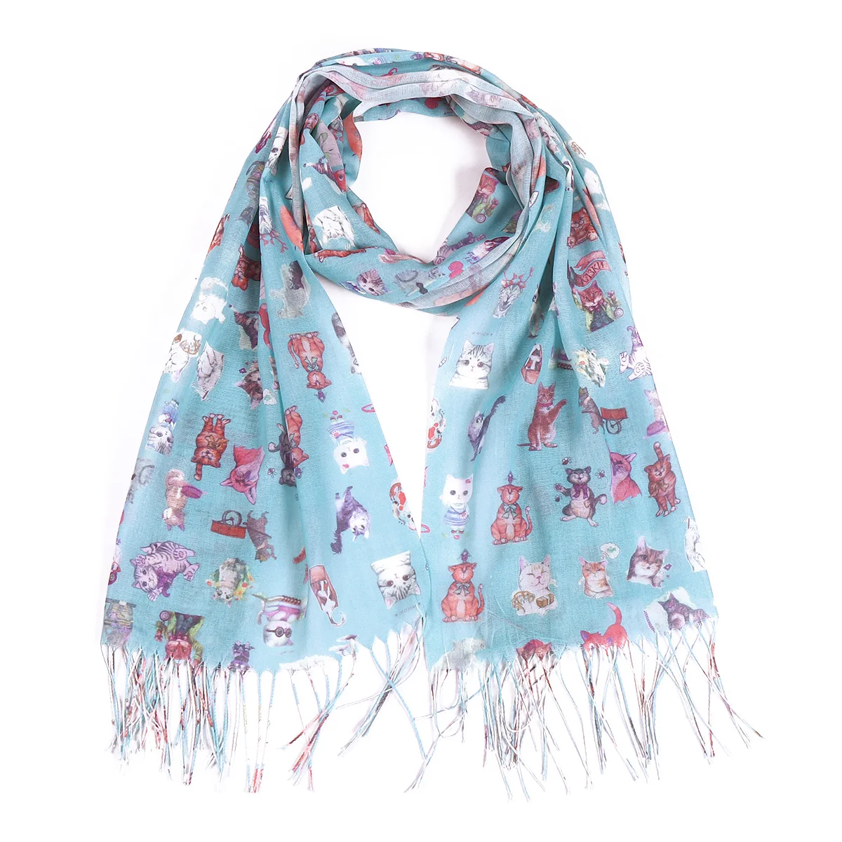 A cartoon animal digitally printed thin sun-proof long tassel decorative scarf and shawl