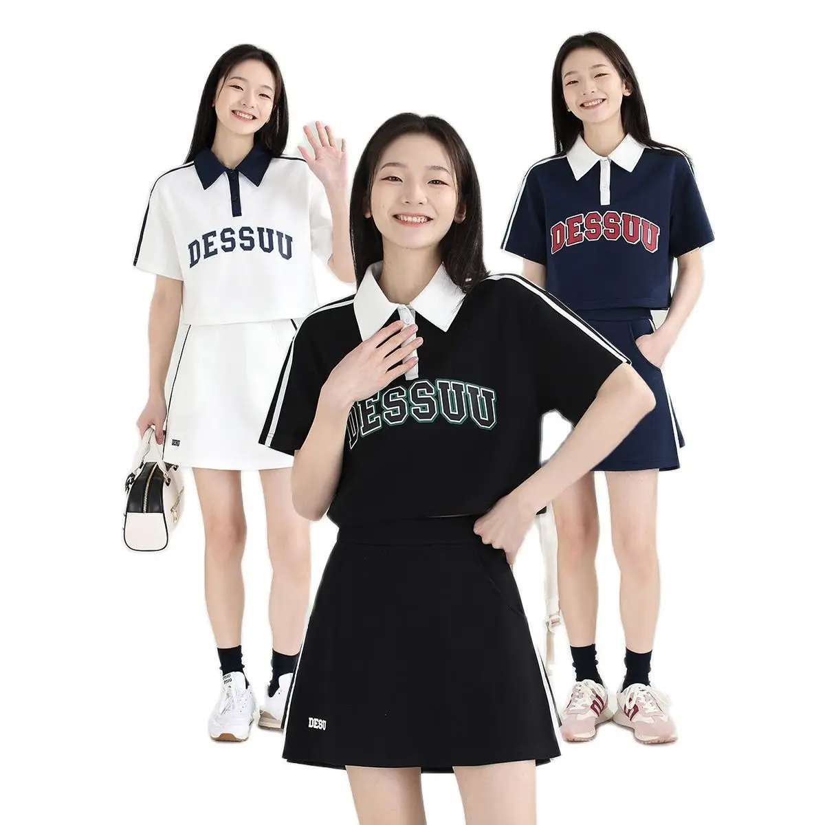 Summer Girl Sports Wear Golf T-Shirt Skirt Set American Vintage Letter Print Preppy Collar Style Women Polo Short Sleeve Skirt