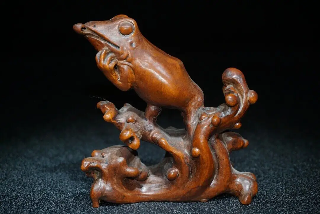 chinese antique wood carving Boxwood wooden sculpture artwork statue Frog decor