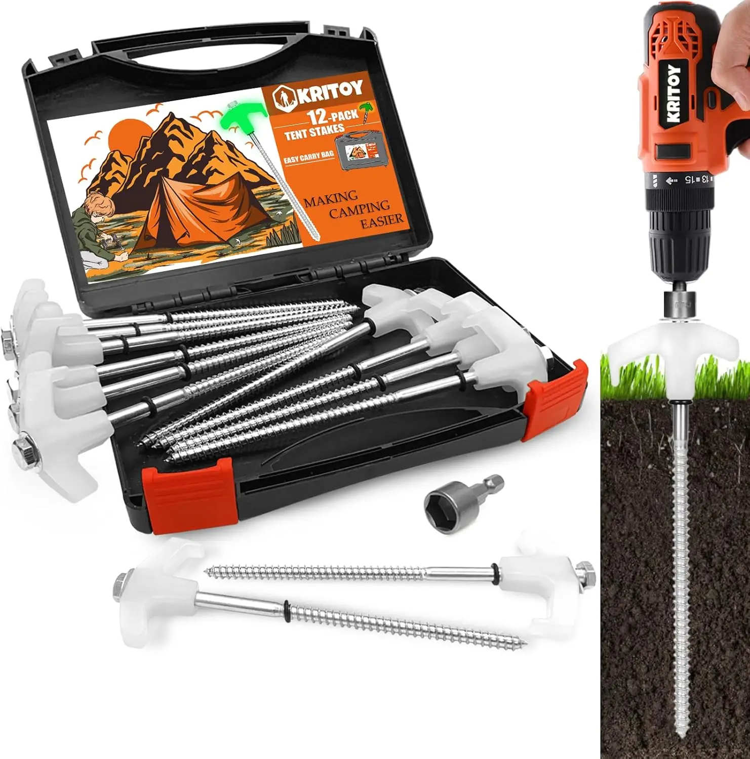 

Набор из 12 прочных колышков для палаток со светящимися головками, вкручиваемыми анкерами, шестигранным ключом и коробкой для хранения