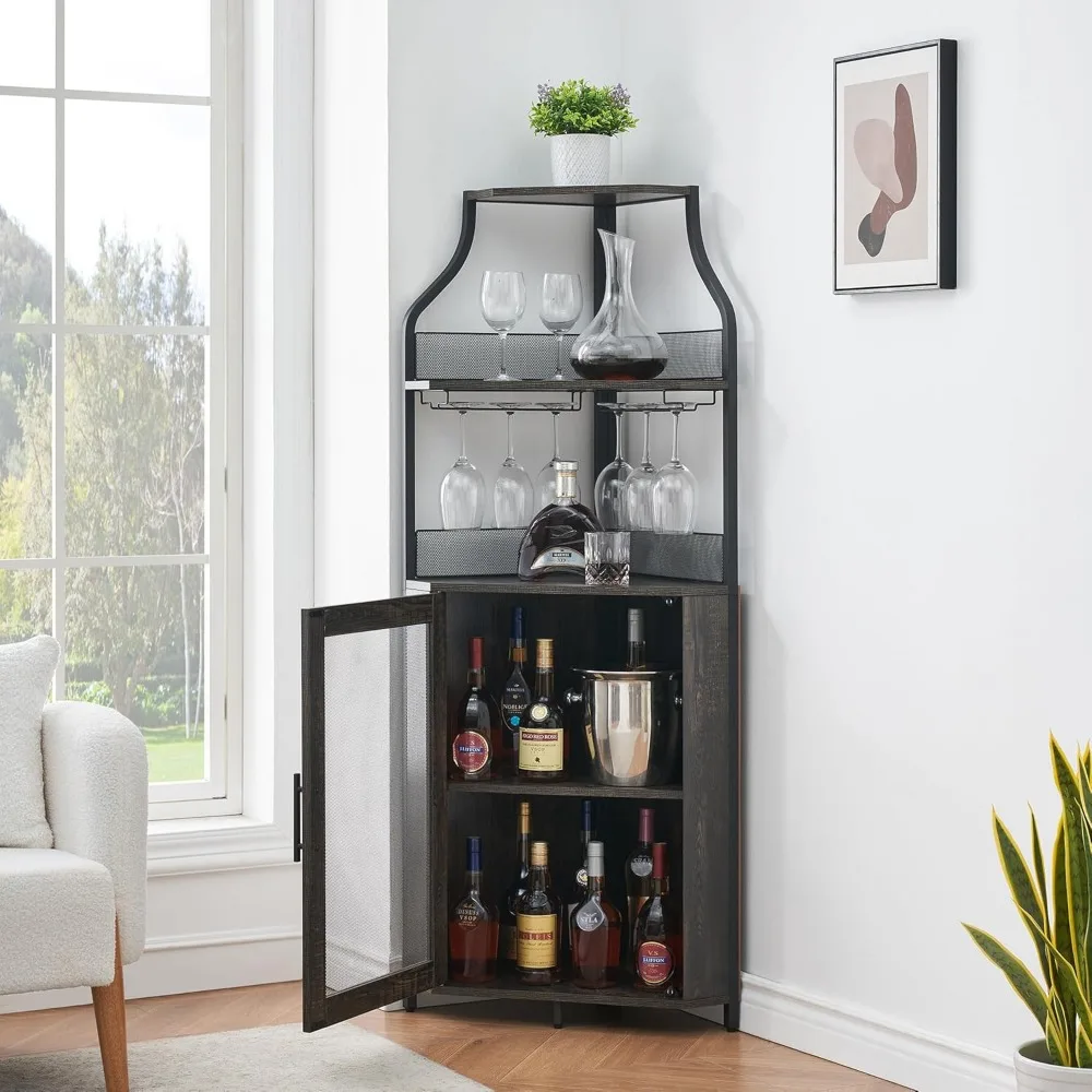

Corner Wine Cabinet with Removable Wine Rack, Farmhouse Wine Cabinet with Glass Holder and Mesh Door, Liquor Coffe Bar Cabinet