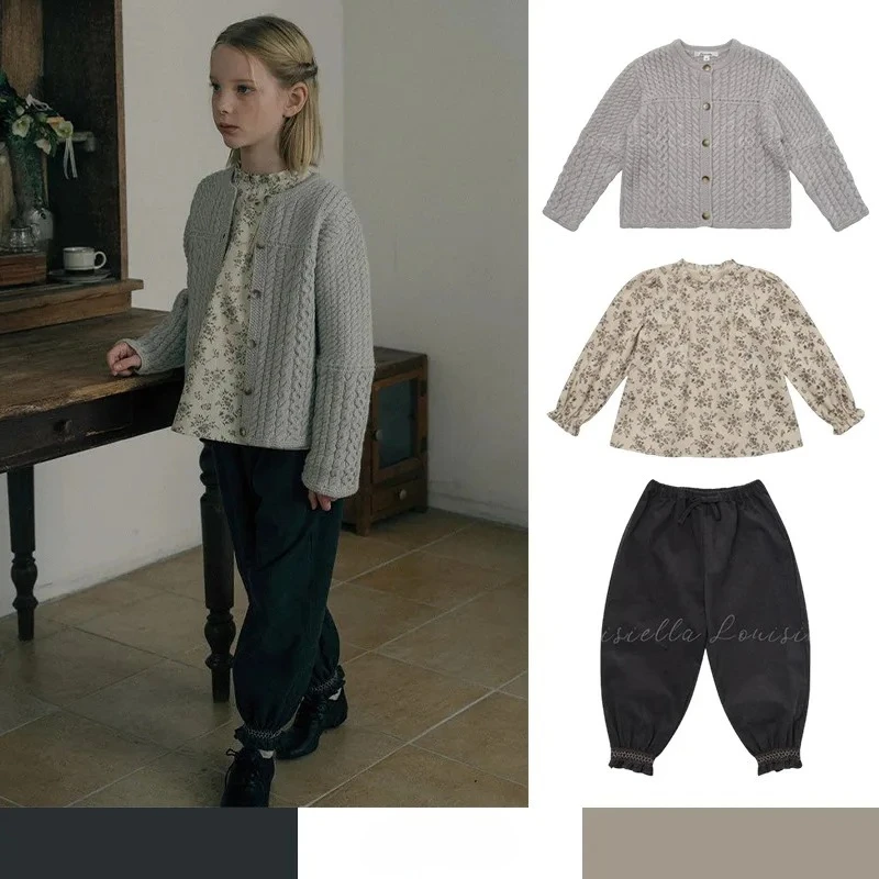 

Children's Set 2025 Autumn/Winter LOU New Girls' Floral Top Long Pants Wool Blend Cardigan Three-piece Set Kid' Sweater Blouse