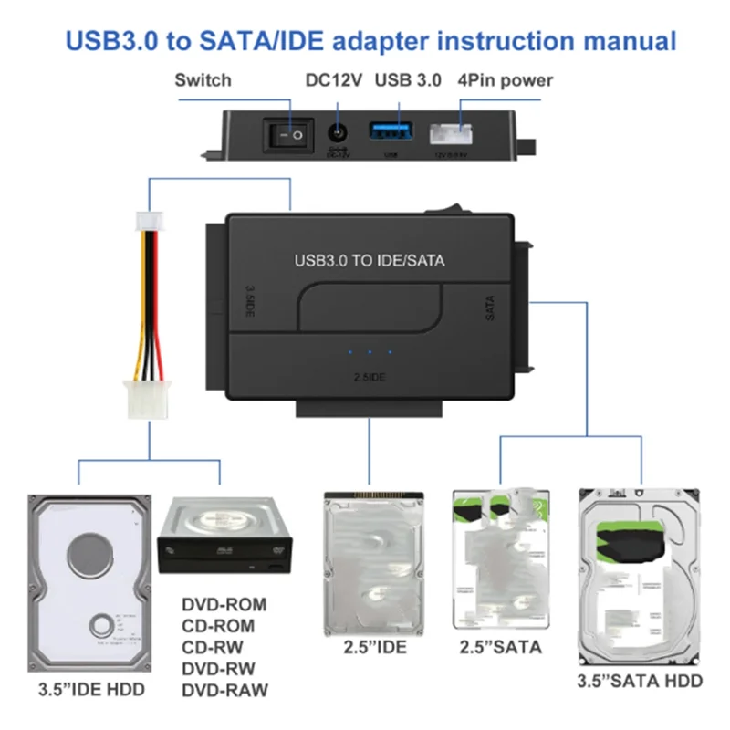 

AT82-SATA/IDE To USB 3.0 Adapter Hard Drive Adapter Cable Converter For 2.5/3.5 Inch SATA And IDE HDD Support 6TB EU Plug