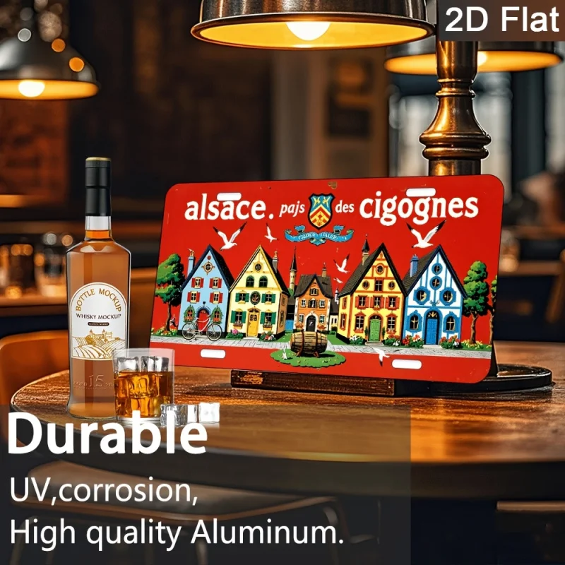 مسطح ثنائي الأبعاد - قطعة واحدة من لافتة معدنية عتيقة من Alsace Pays des Cigognes، ديكور حائط من الألومنيوم، رسم توضيحي للقرية الفرنسية الريفية