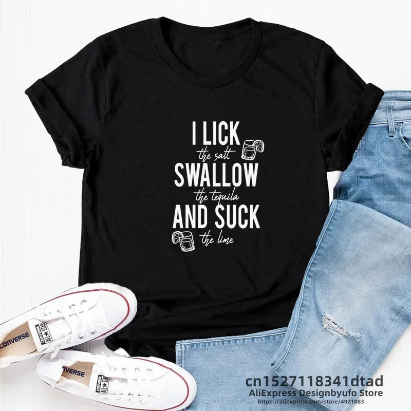 Lick Swallow and Suck T Shirt Letter Print  Short Sleeve Graphic T Shirts Casual Soft Oversized Tee Shirt Female Clothing