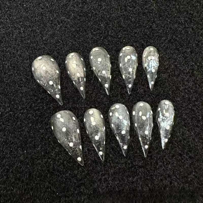 

10Pcs Y2K Dragon Shape Claw Handmade Long Press on Nails White Polka Dots Fake Nail Glitter Sequins Gradients False Nail Tips