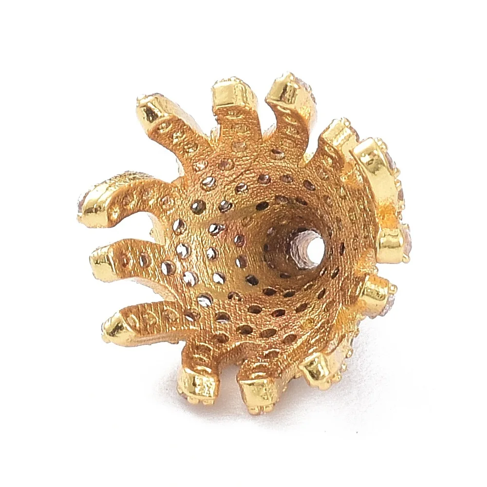 5 Stück Messing-Micro-Pave-Perlenkappen mit klarem Zirkonia, mehrblättrig, 12 x 10 mm, in Gold und Silber für die Herstellung von Schmuckketten – Detail 4