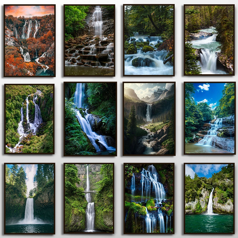 Waterfall Landscape Nature Scenery Green Tree Lake Leaf Poster Canvas Painting Wall Art Print Picture for Living Room Home Decor