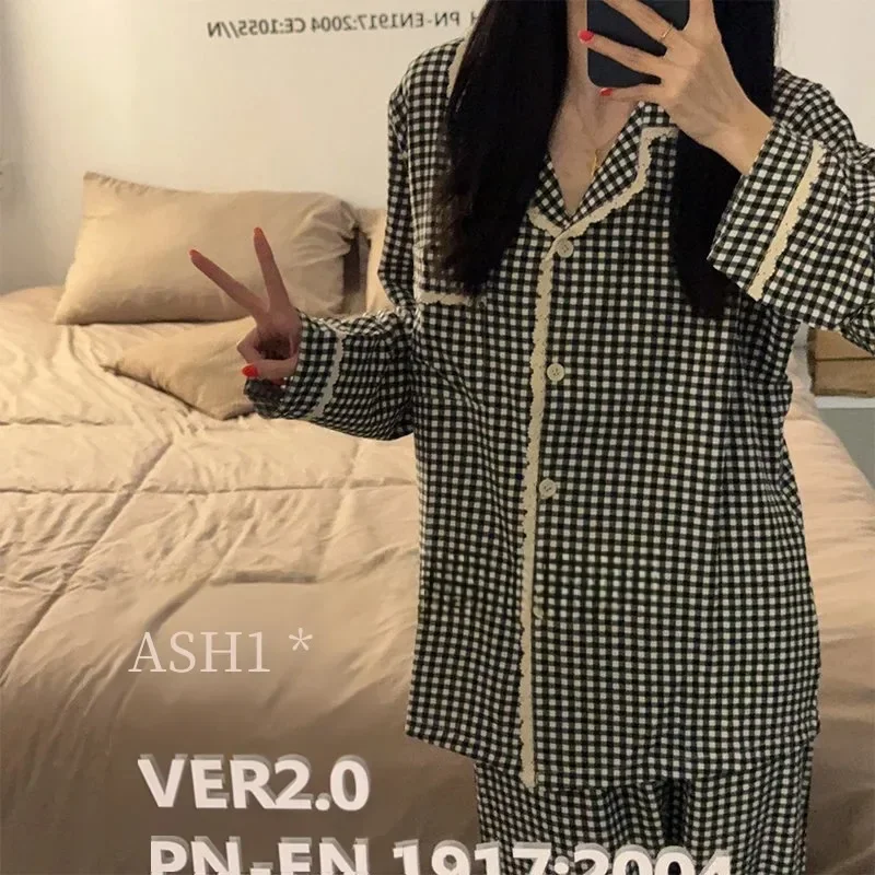 Black Plaid Pajamas Women Spring and Autumn Summer Cute Ins Sle Long sleeve Pure Cotton Two-piece Set Sweet Home Wear for S...
